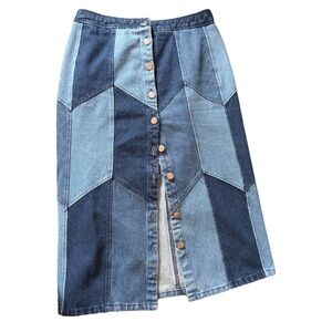 NWT SEZANE Denim Patchwork Button-Down Midi Skirt SIZE 42